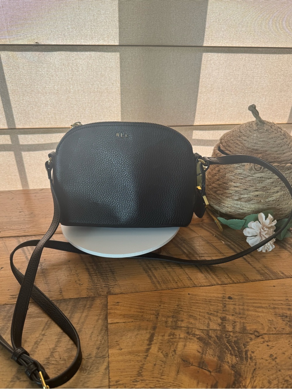 Lauren Ralph Lauren Black Pebbled Leather Dome Crossbody with Gold Accents